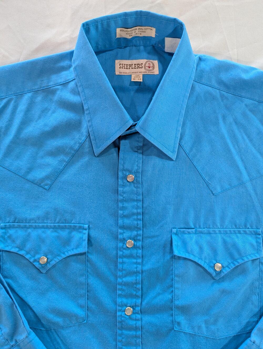 Sheplers Shirt Mens L Blue Long Sleeve Western Pearl Snap Pockets Solid